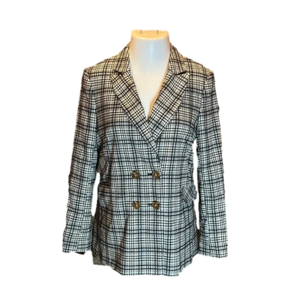 TOPSHOP Fabulous Vintage Black & White Plaid Double-Breasted Blazer Size 8 - Picture 3 of 9